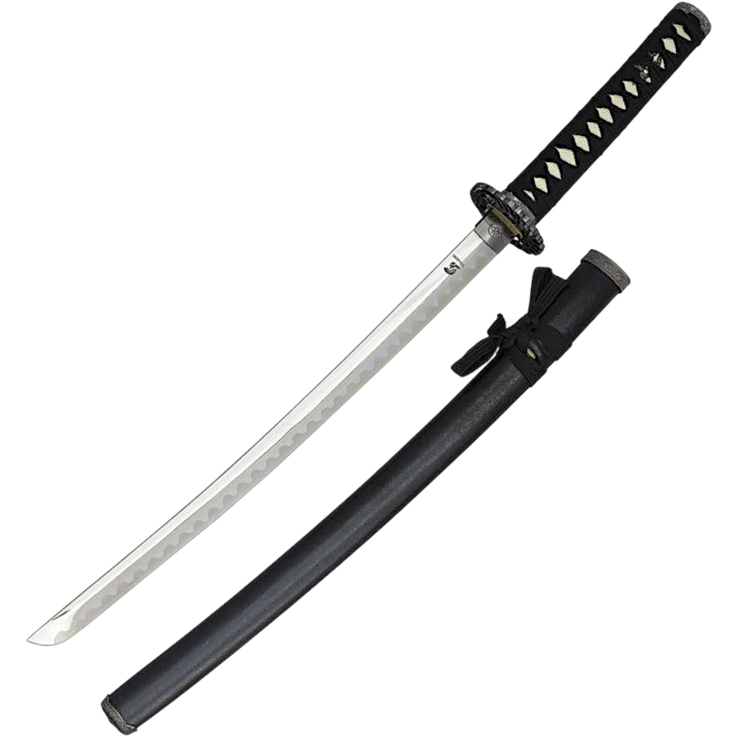 Wakizashi with black scabbard and crane buckler