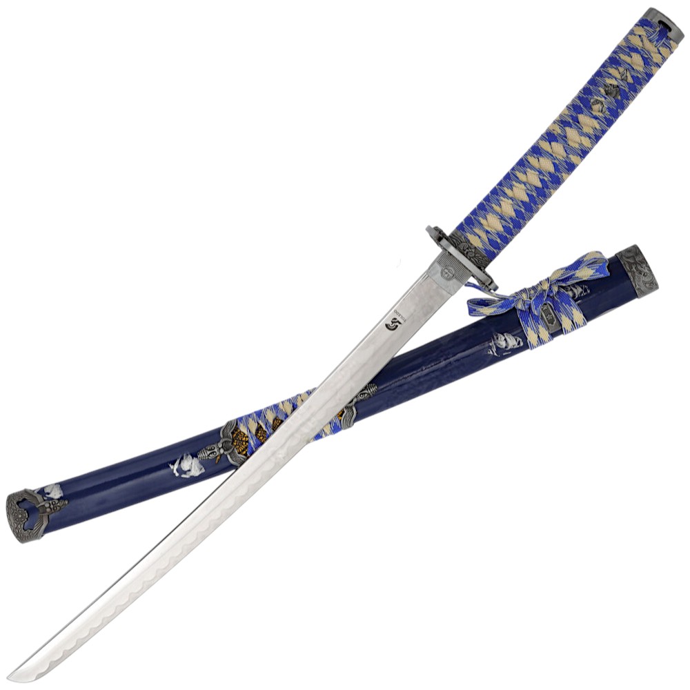 Wakizashi with blue and silver braided handle