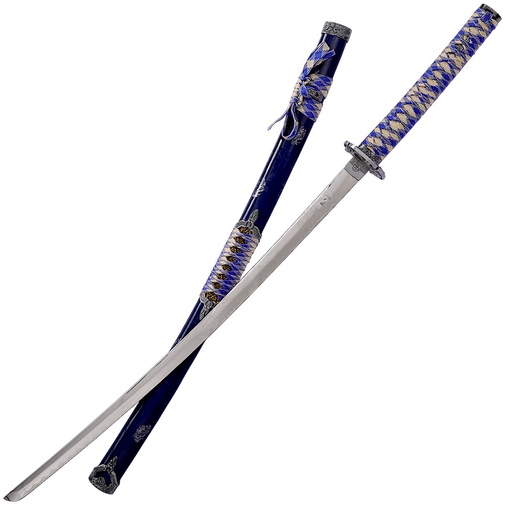 Katana with blue and silver braided handle