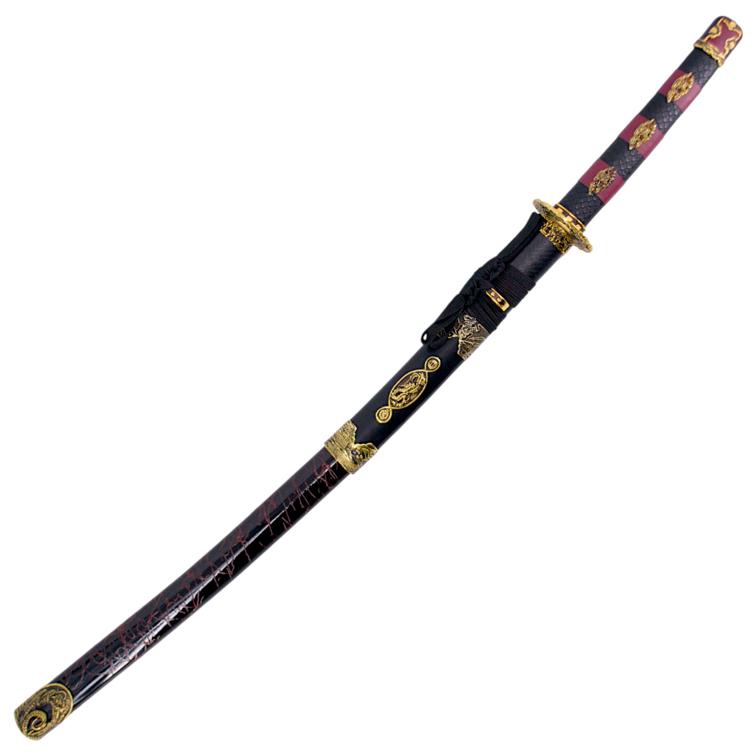 Katana preta e vermelha com lâmina de aço de 70 cm com cabo e bainha em imitação de pele de cobra