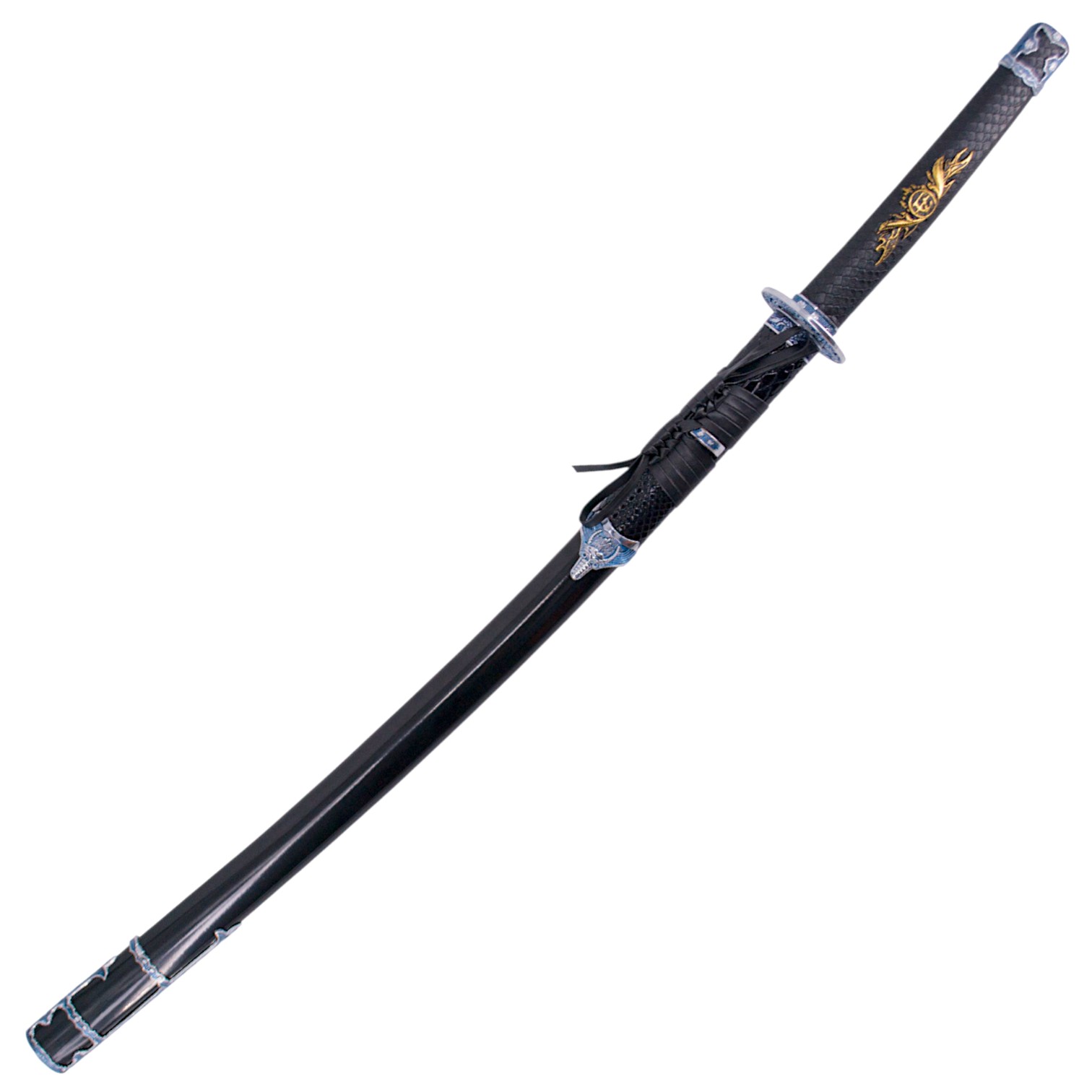 Katana preta com lâmina de aço de 70 cm com cabo e bainha em imitação de pele de cobra