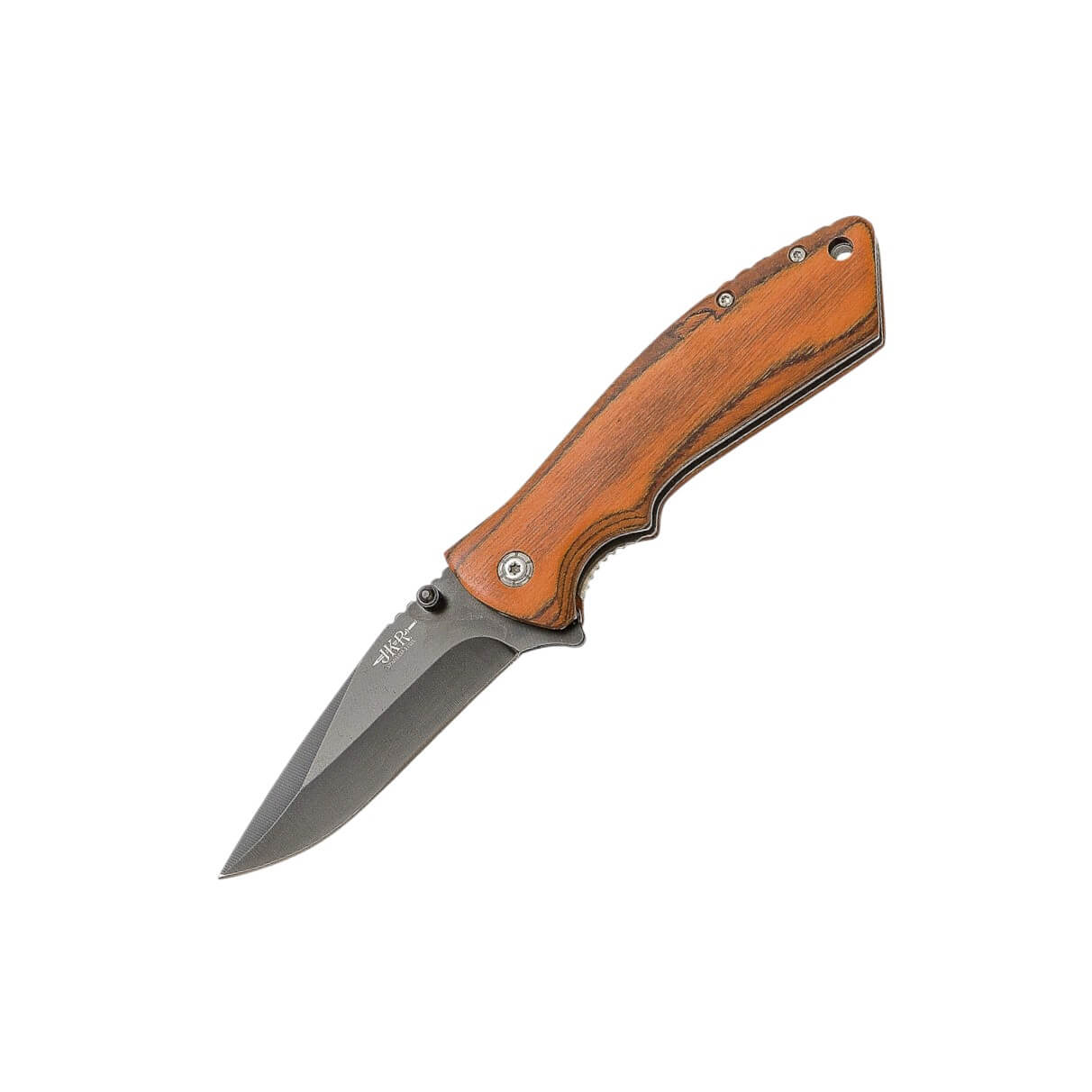 JKR pocket knife with pakkawood handle and 8cm black linerlock bl...