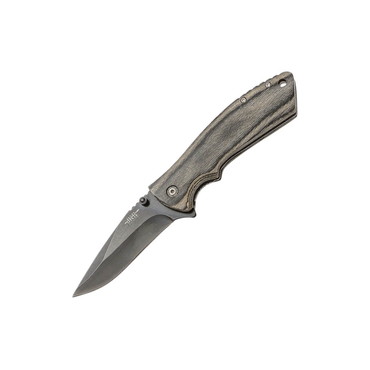 JKR pocket knife with grey wood handle and 8cm black linerlock bl...