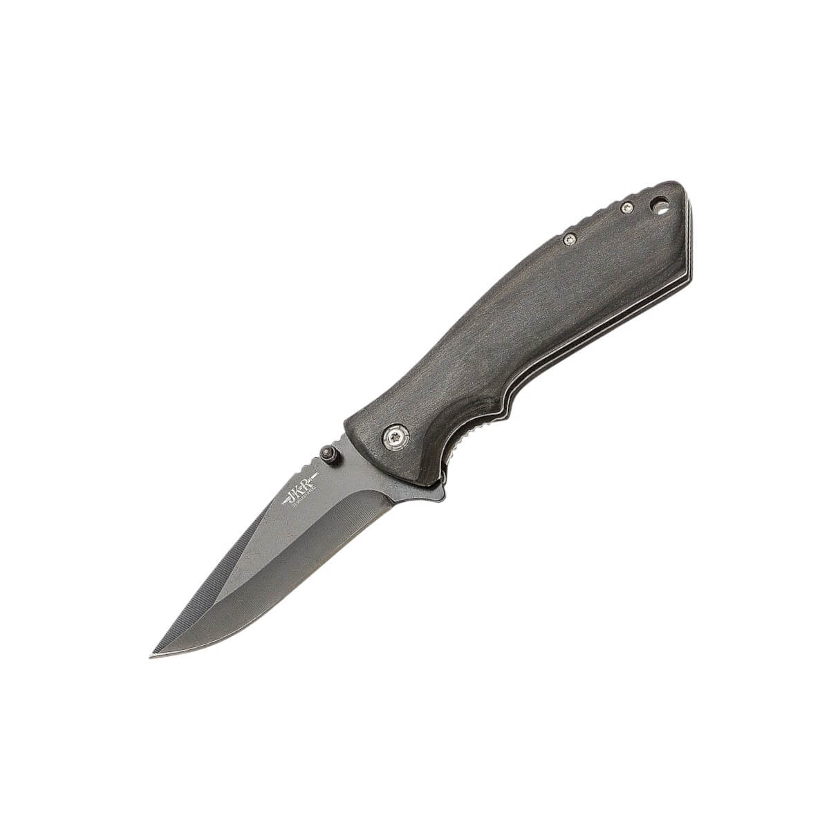 JKR pocket knife with black wood handle and 8cm black linerlock b...