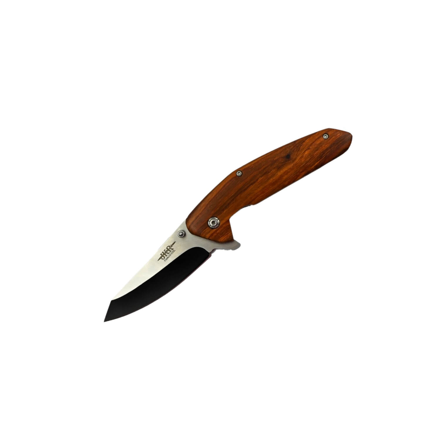 JKR pocket knife with natural wood handle and 8cm dark blade with...