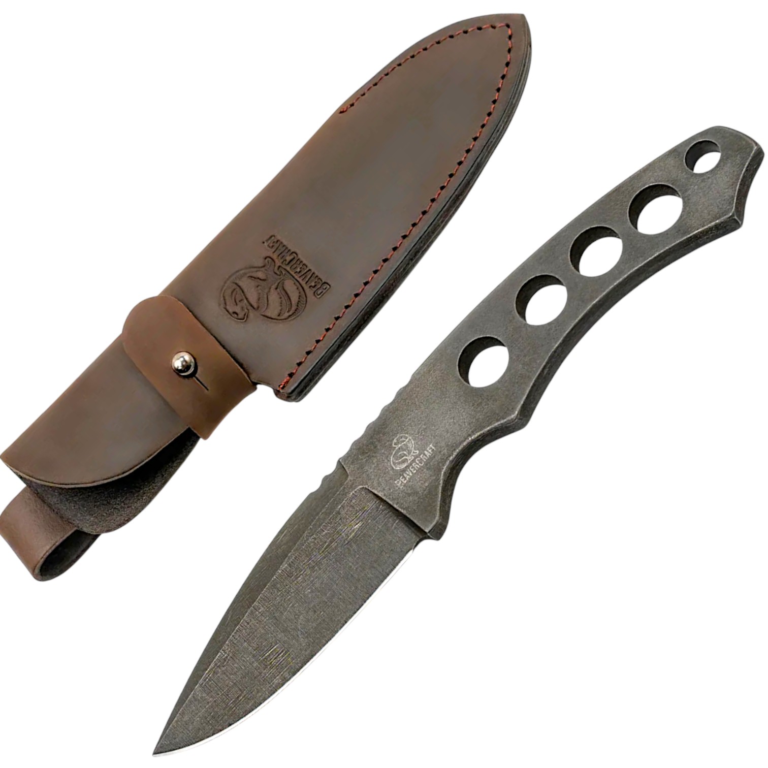 Cuchillo esqueleto negro con funda de cuero Beavercraft