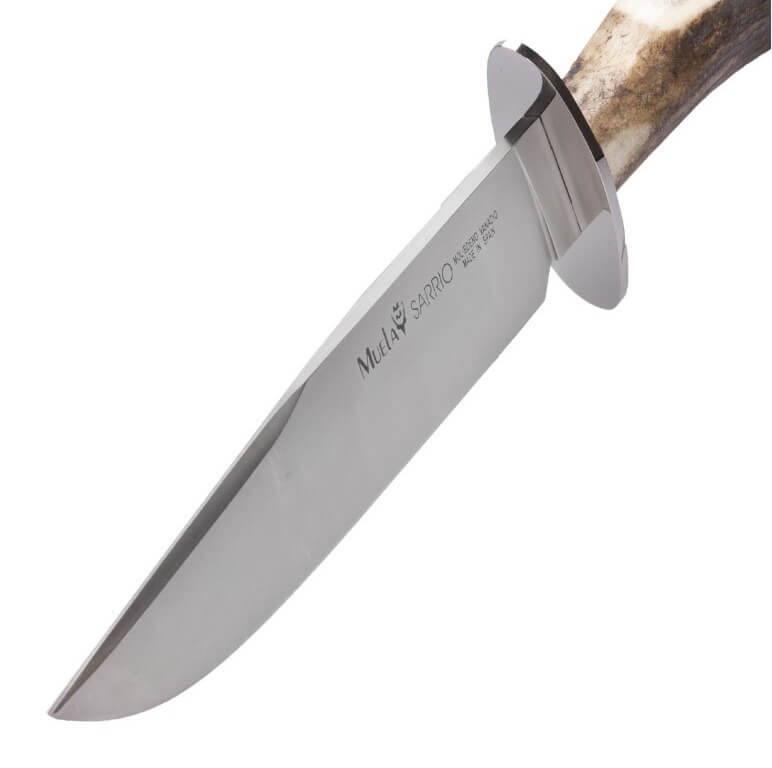 Faca de caça Muela Sarrio-19S com cabo de chifre de veado com roseta e lâmina de aço molibdênio vanádio de 19 cm