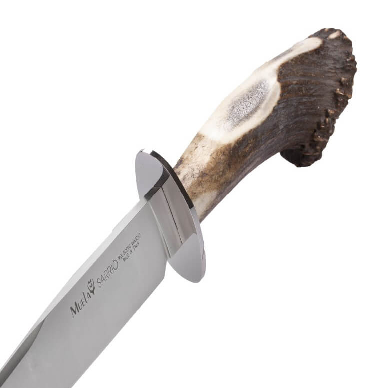 Faca de caça Muela Sarrio-19S com cabo de chifre de veado com roseta e lâmina de aço molibdênio vanádio de 19 cm