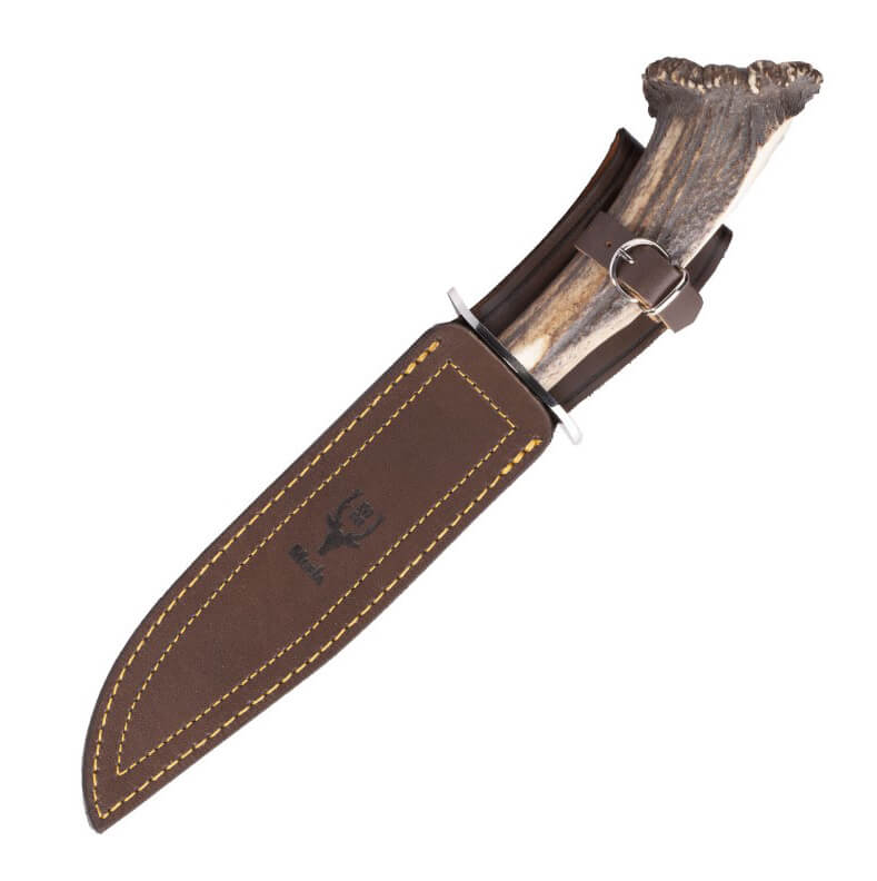Faca de caça Muela Sarrio-19S com cabo de chifre de veado com roseta e lâmina de aço molibdênio vanádio de 19 cm