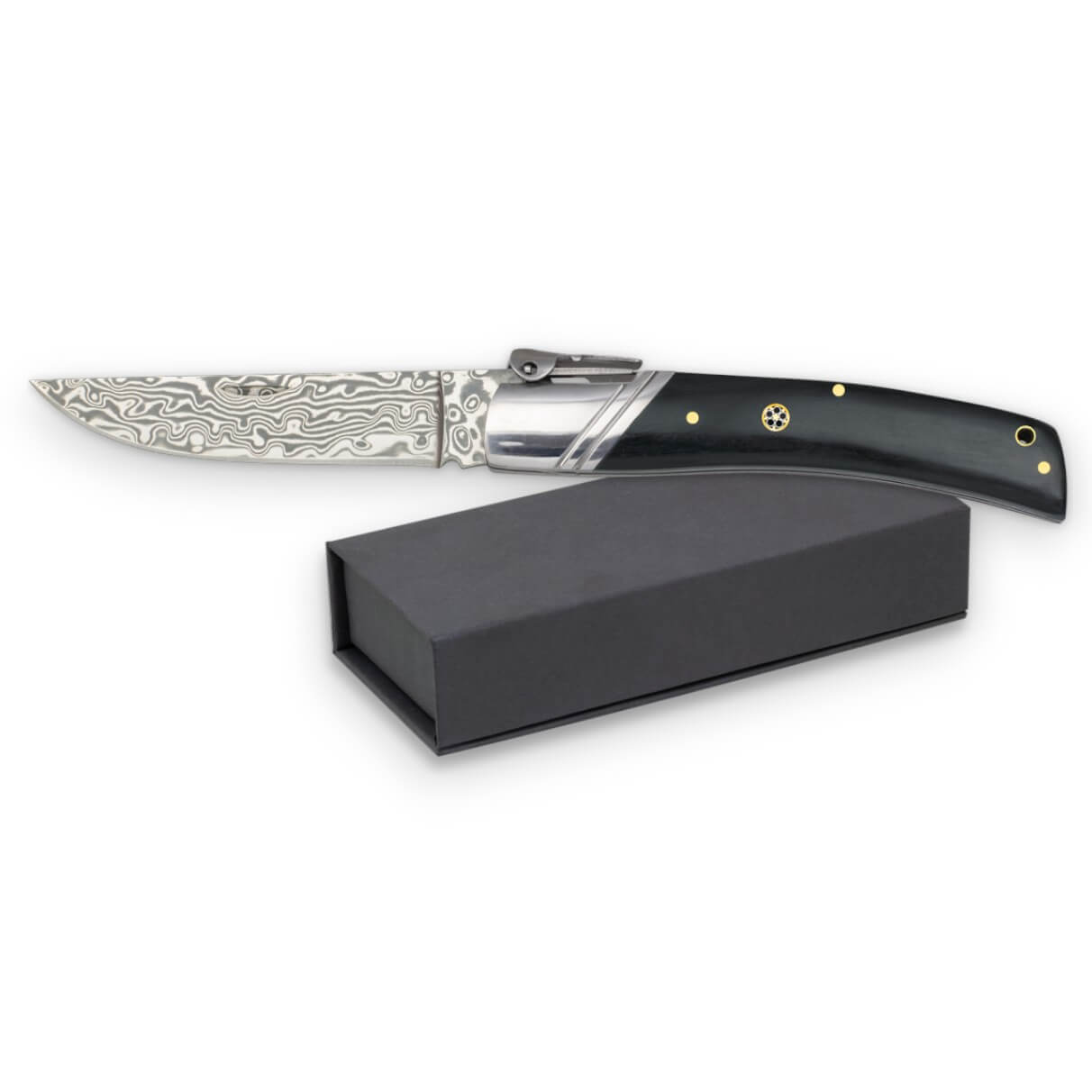 Pocket knife with black mosaic handle and 9cm Damascus steel blade