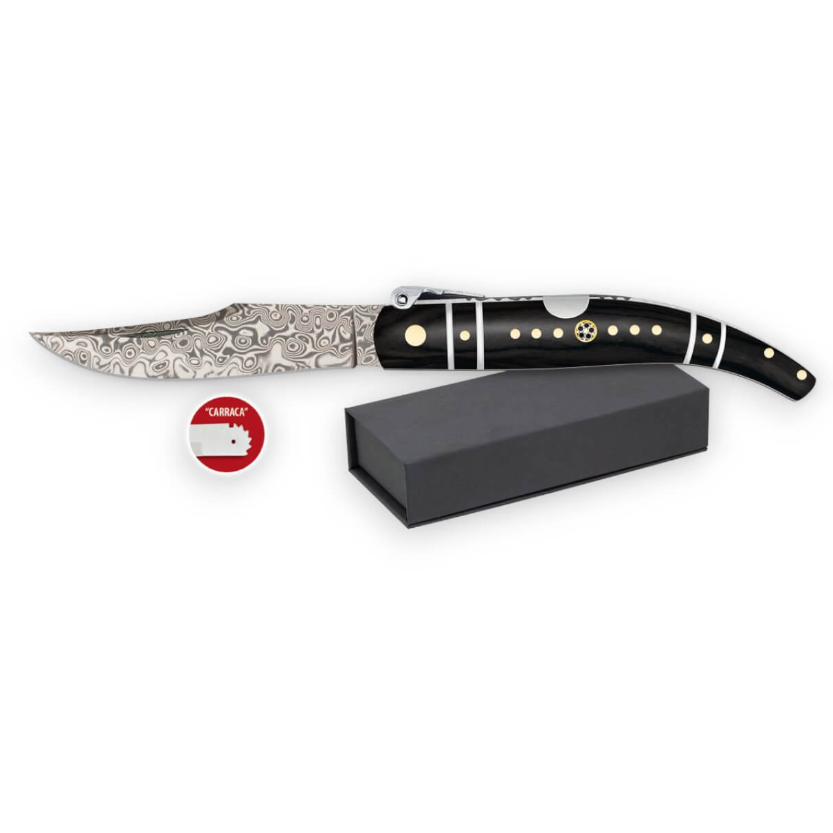 Classic folding knife with decorated black handle and 8.2 cm Damascus steel blade