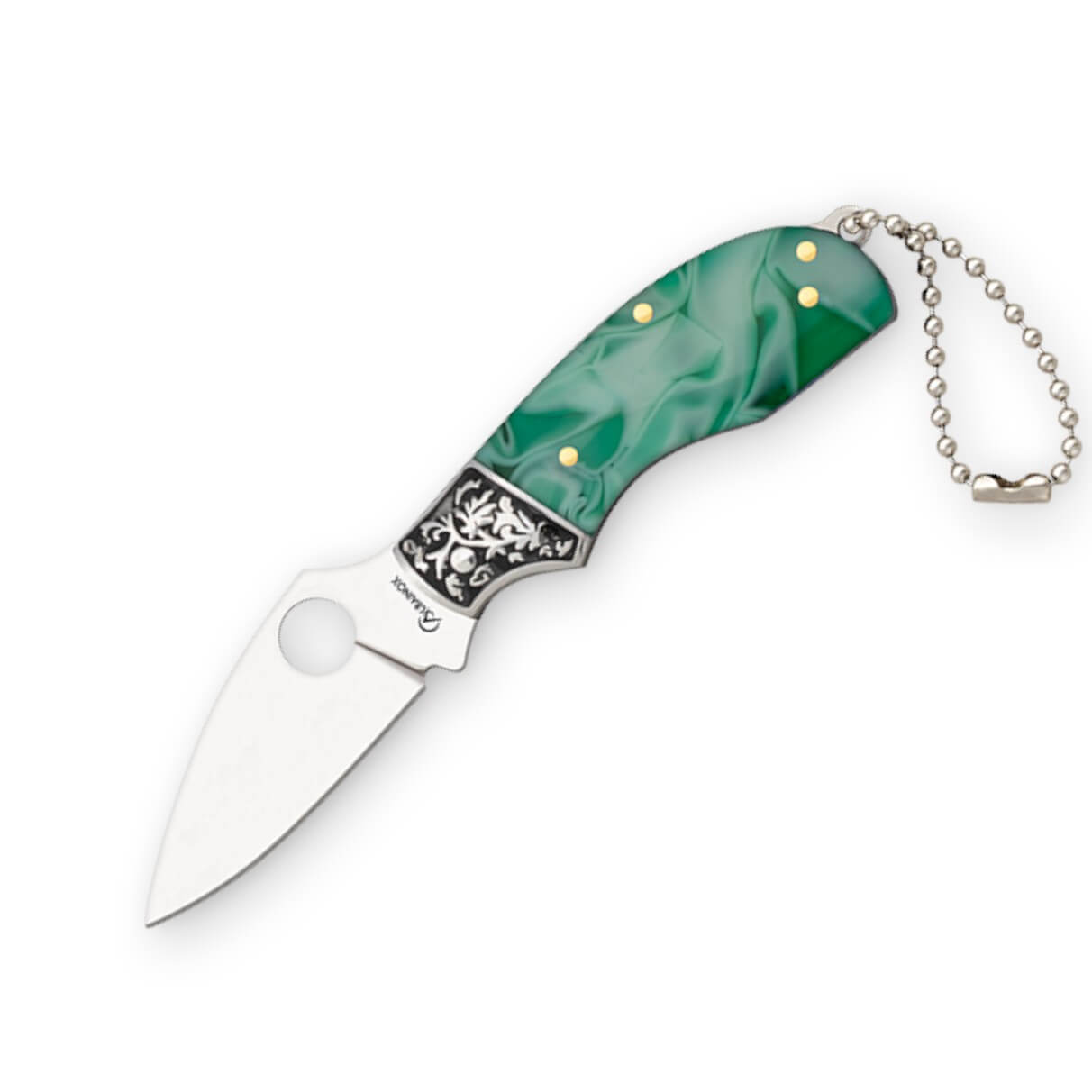 Navaja pequeña con mango acrílico verde decorado y hoja de acero ...