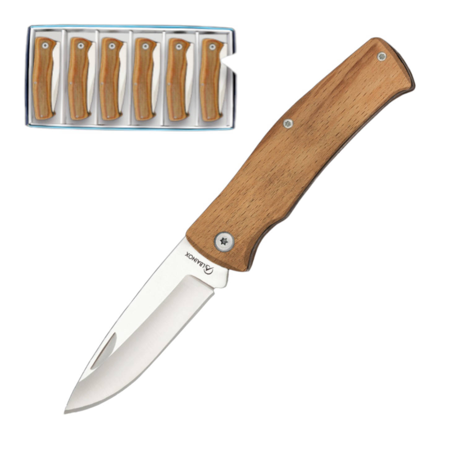 Set of six pocket knives with 3D printing on one side and natural...