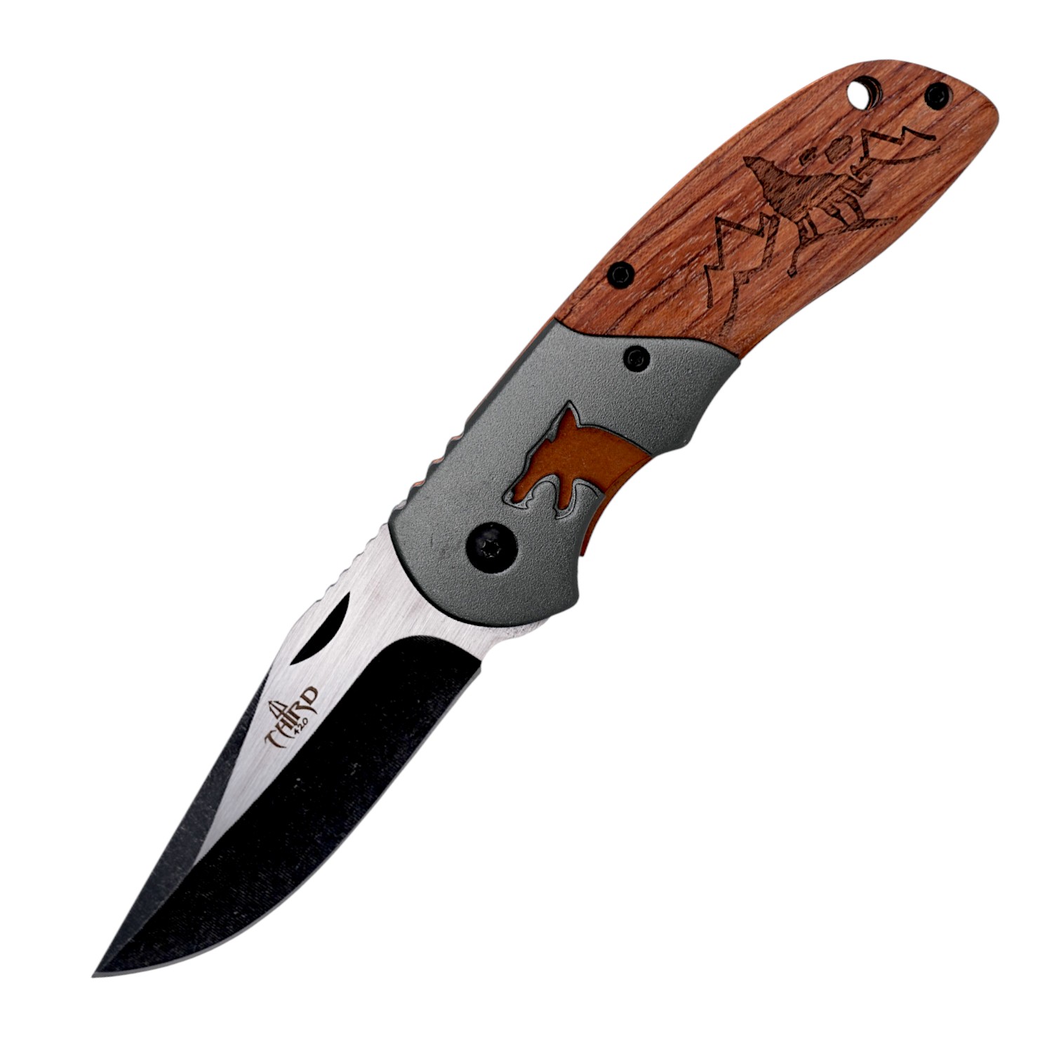 Navaja de bolsillo 9,6 cm con virola cabeza de lobo y mango de ma...