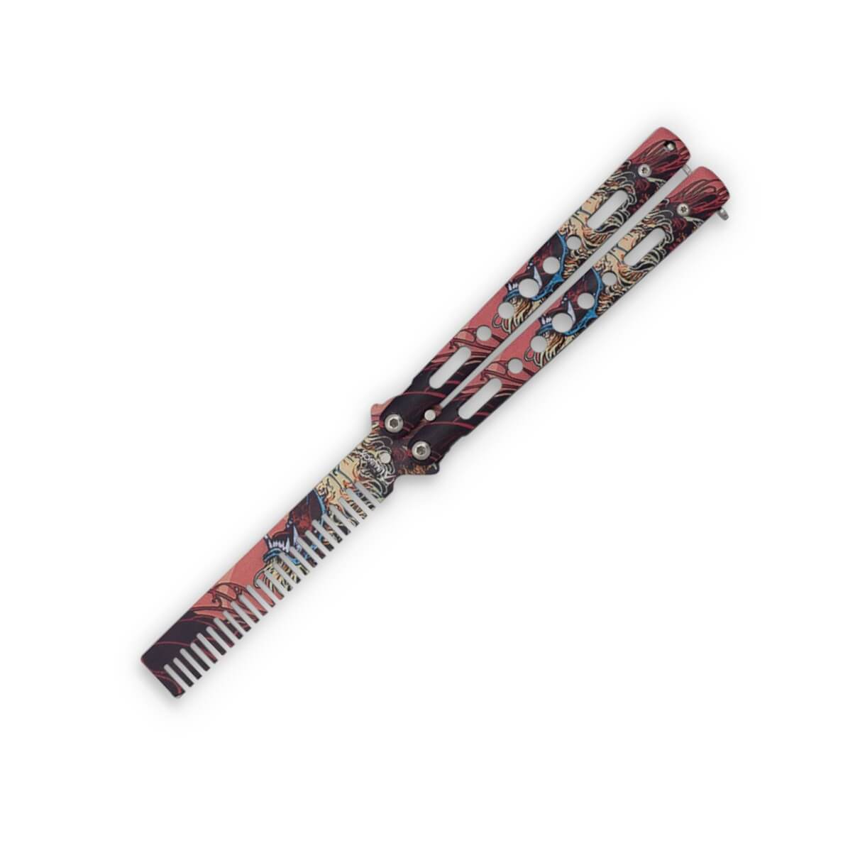 Navaja mariposa peine decorada con dibujo 3D sin filo de 9.2 cm