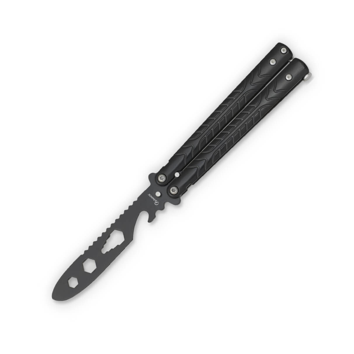 Black butterfly knife with a 10 cm blunt blade for various uses