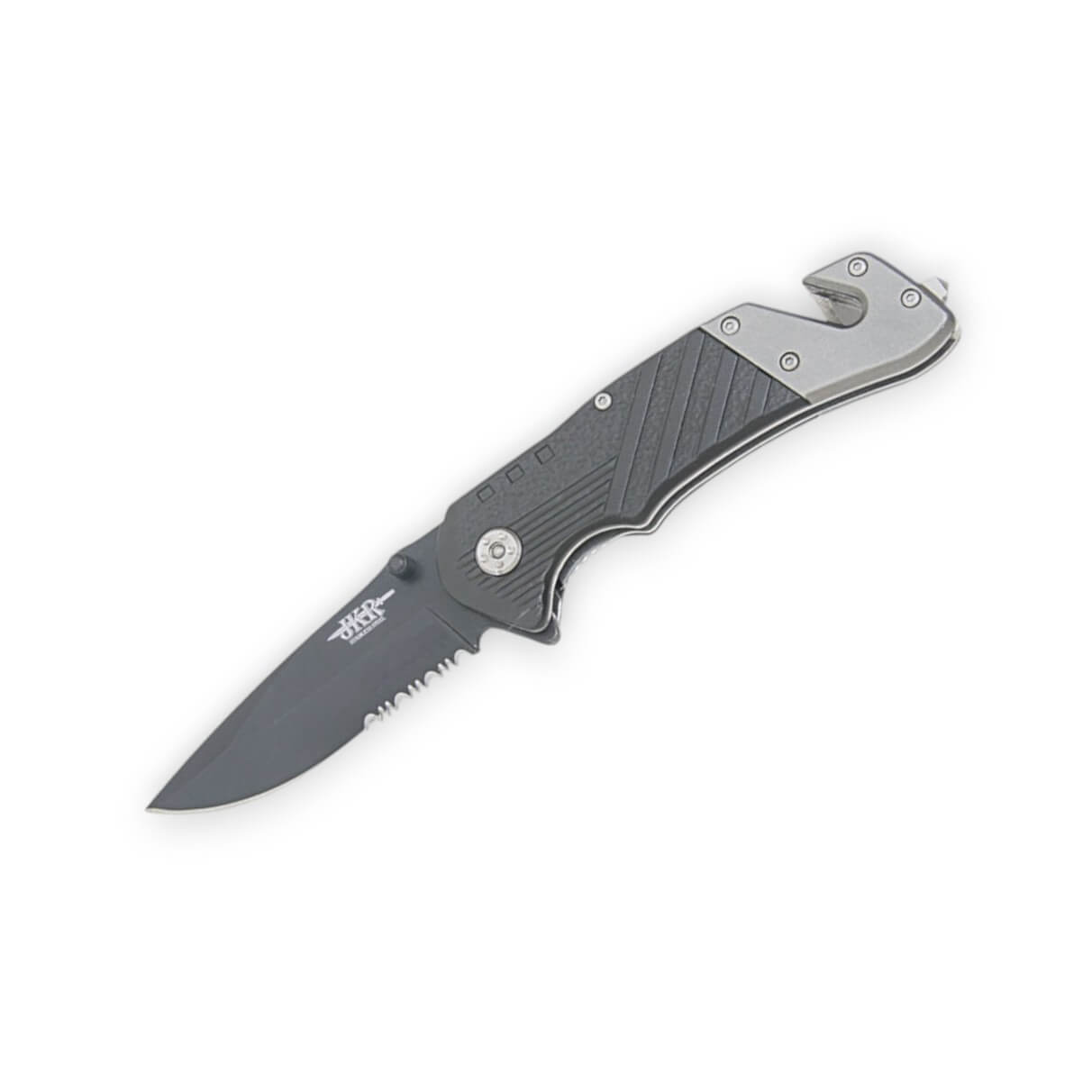 Navaja táctica con mango de aluminio bicolor y hoja semidentada d...