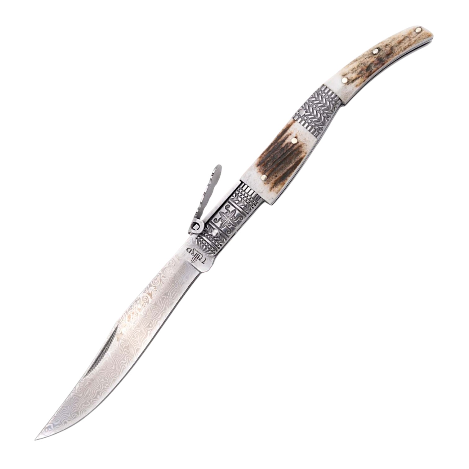 Navaja de Carraca con Hoja de Damasco de 11 cm y Mango con Asta d...