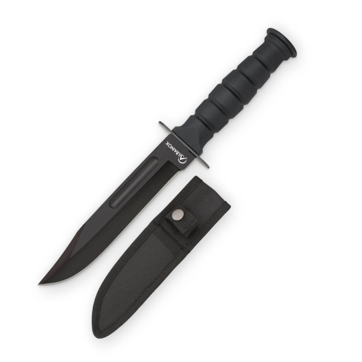 Cuchillo táctico albainox negro con guarda de acero y funda de ny...