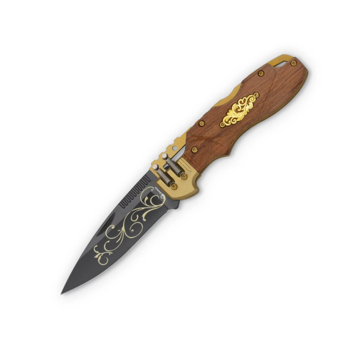 Navaja de bolsillo con mango de madera decorada y hoja negra con ...