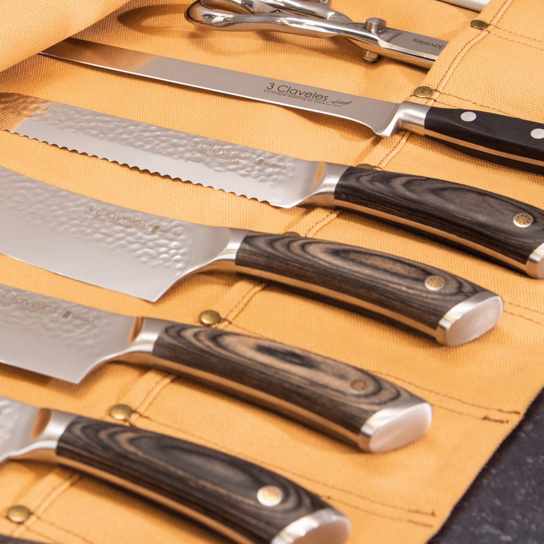 Étui en toile marron 3 Claveles pour 8 couteaux de cuisine