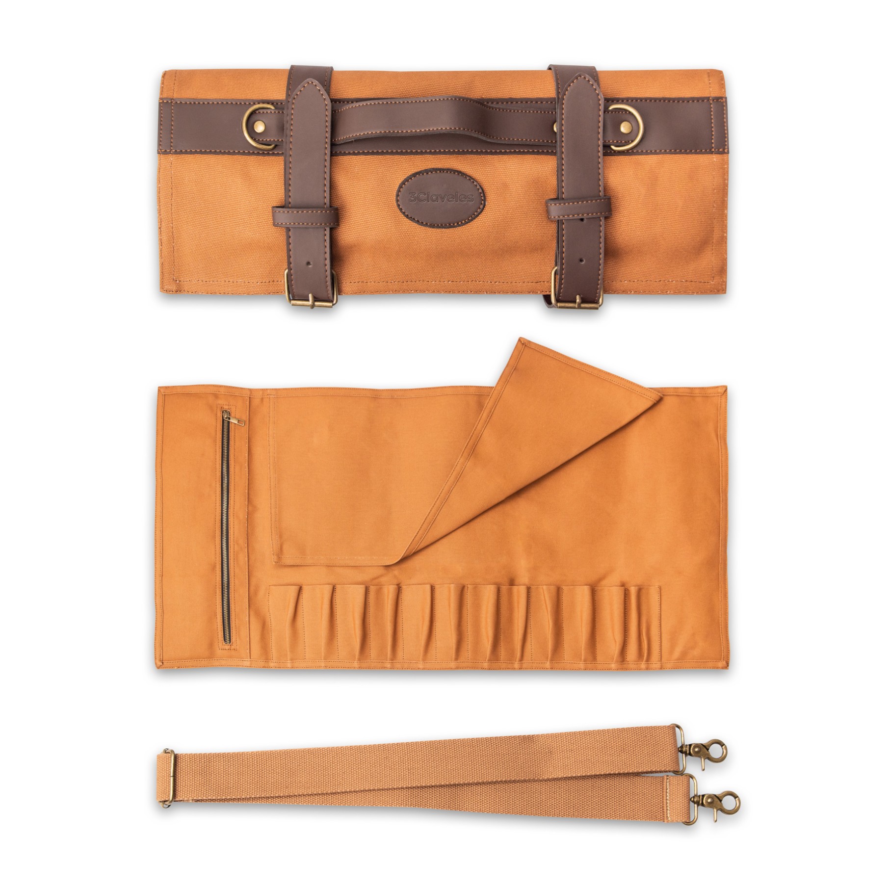 Estuche de lona encerada marrón para 12 cuchillos de cocina 3 Cla...