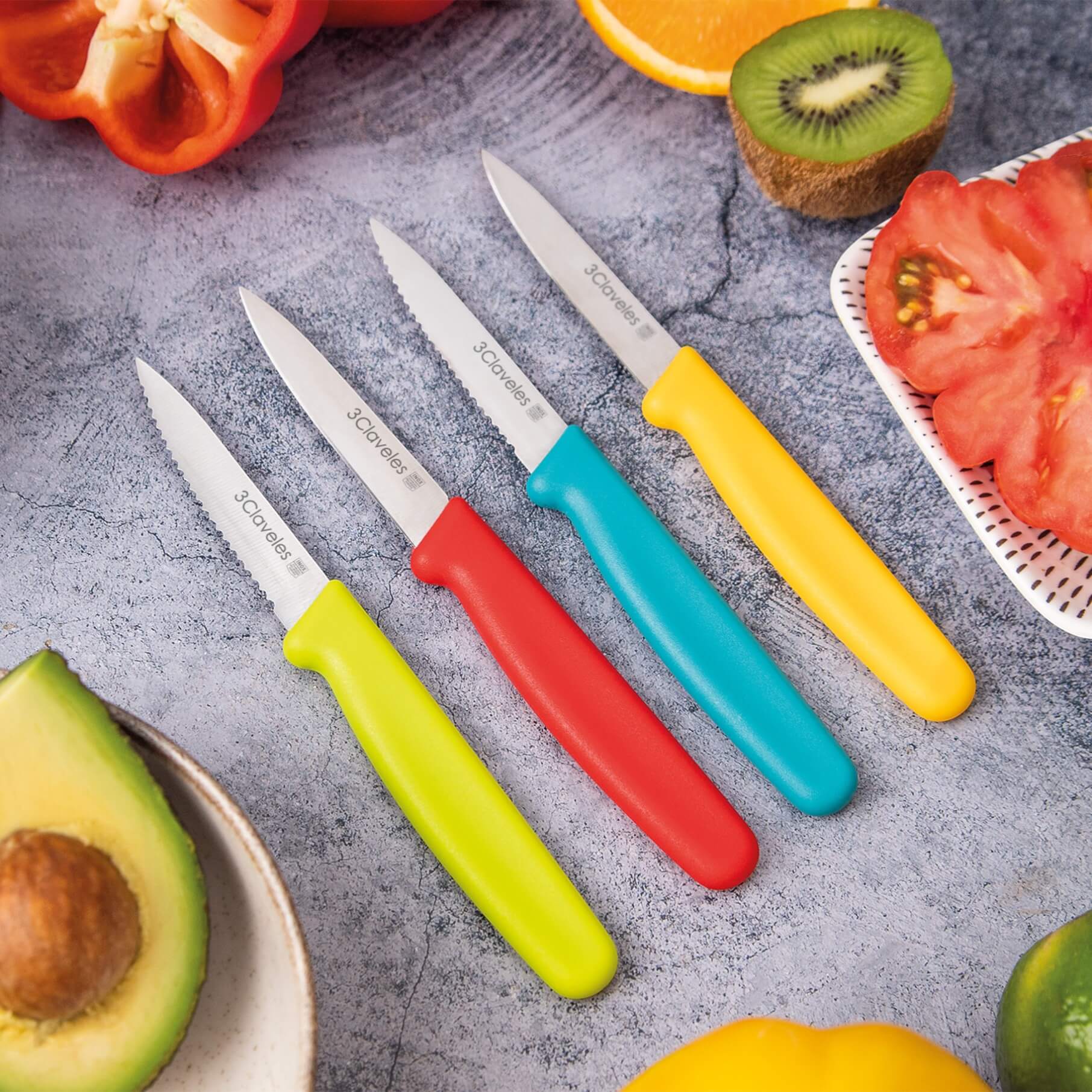 Estuche 24 unidades cuchillos mondadores de colores con filo liso o serrado