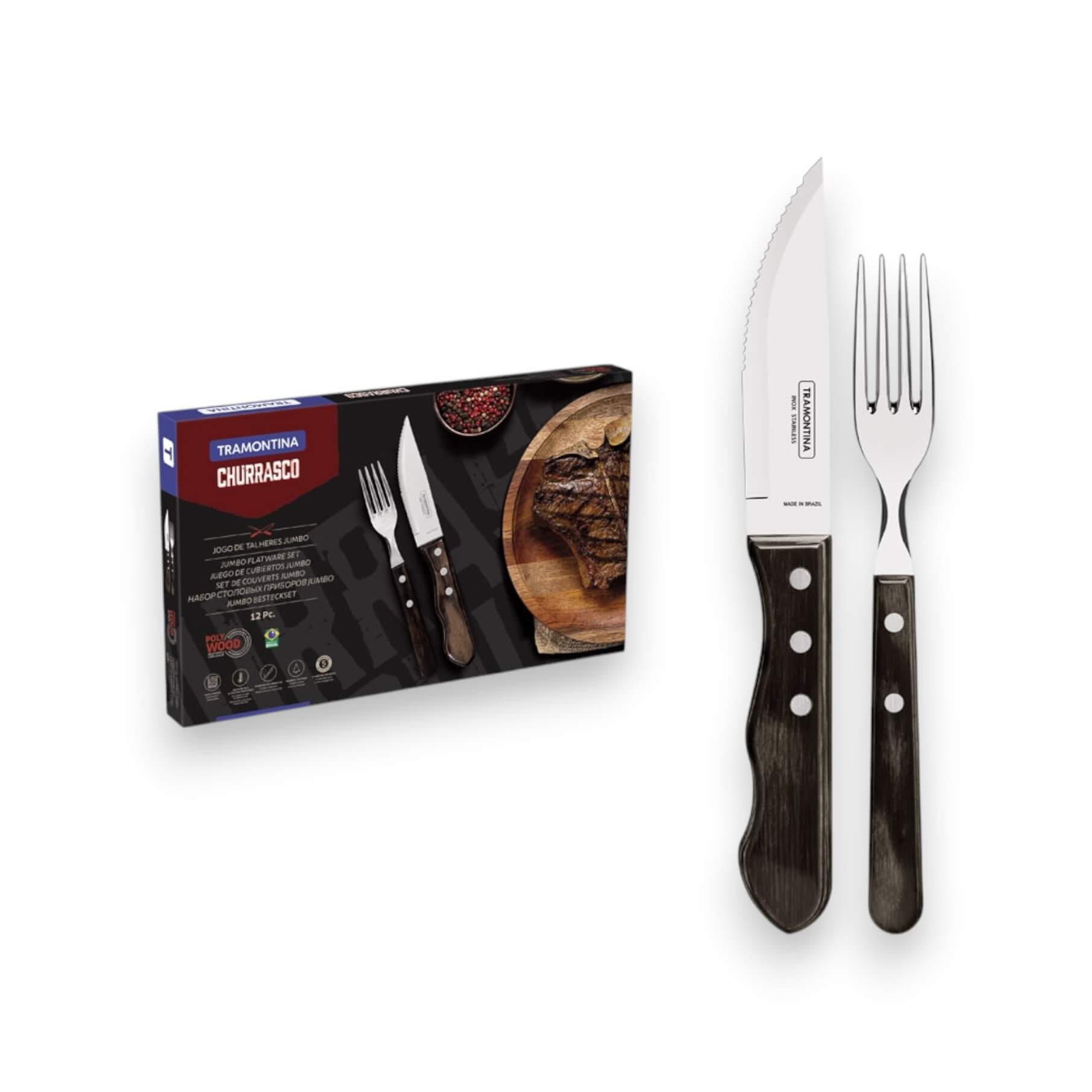 Juego de cubiertos para carne y barbacoa con 12 piezas color marr...