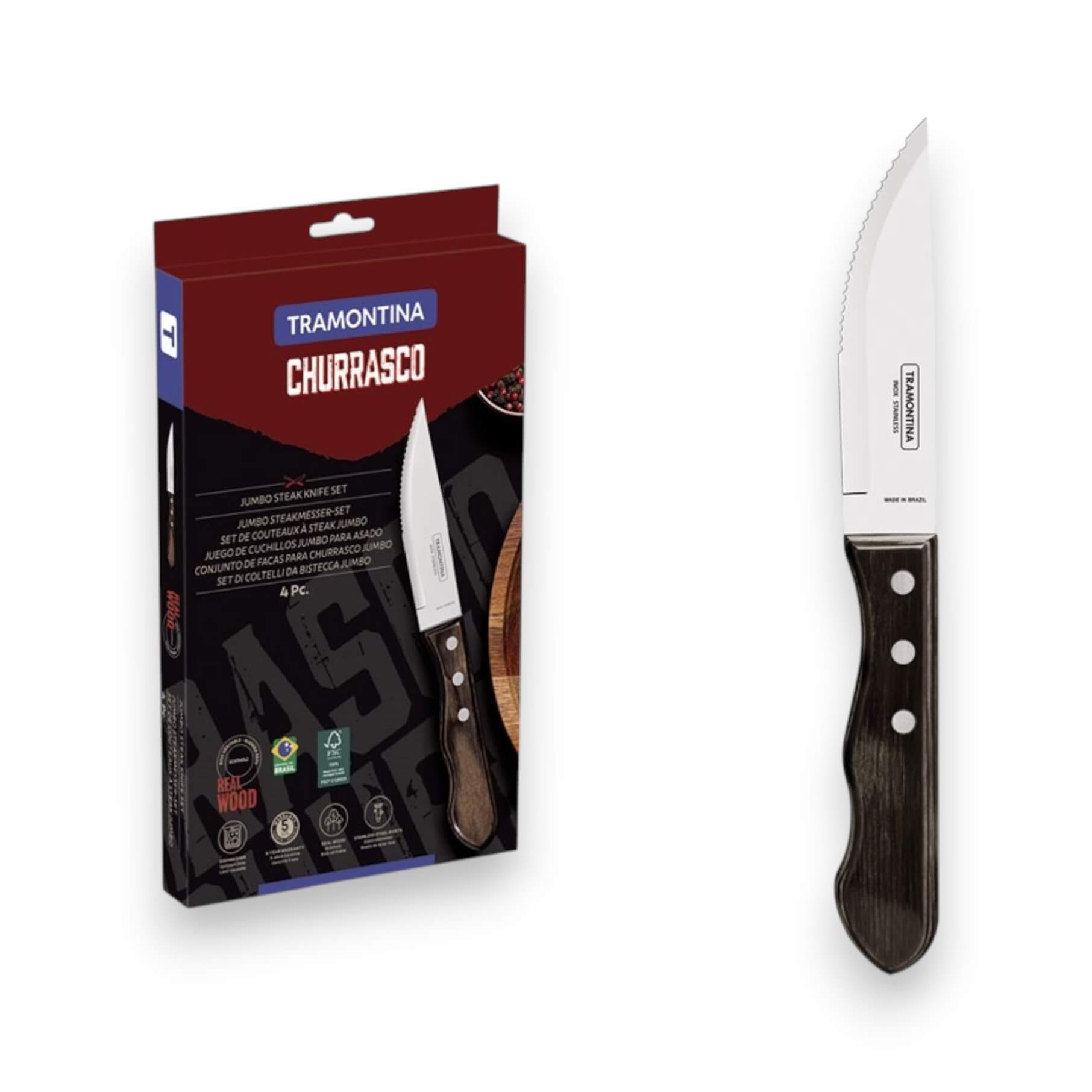Set de 4 cuchillos chuleteros carne/bbq Tramontina polywood FSC 2...