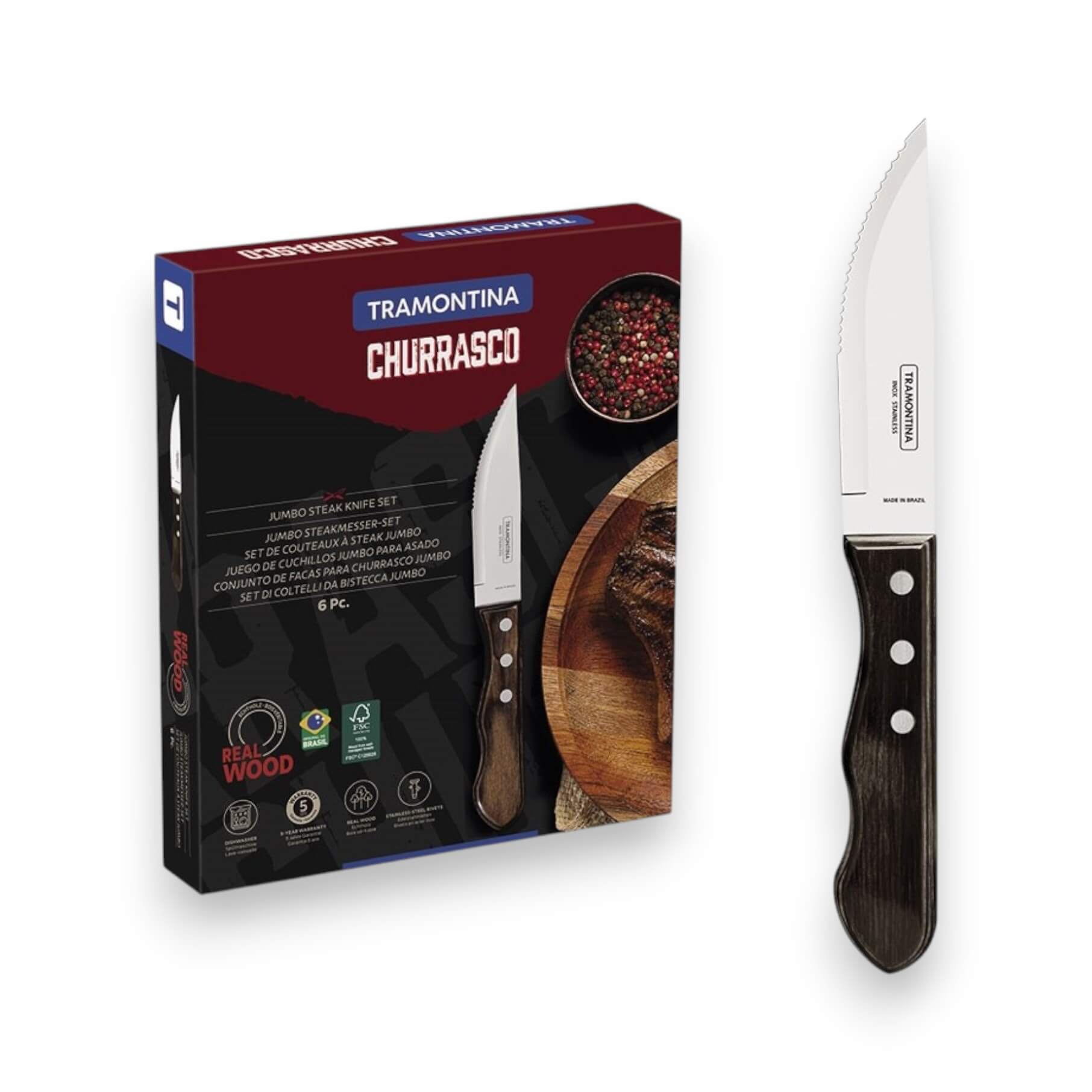Set de 6 cuchillos chuleteros carne/bbq jumbo Tramontina polywood...