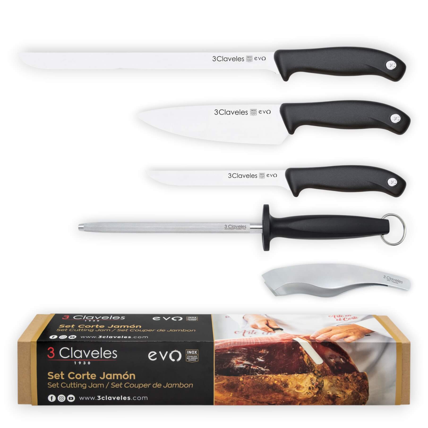 Set de cortador de jamón con 3 cuchillos, chaira y pinzas Evo 3 C...