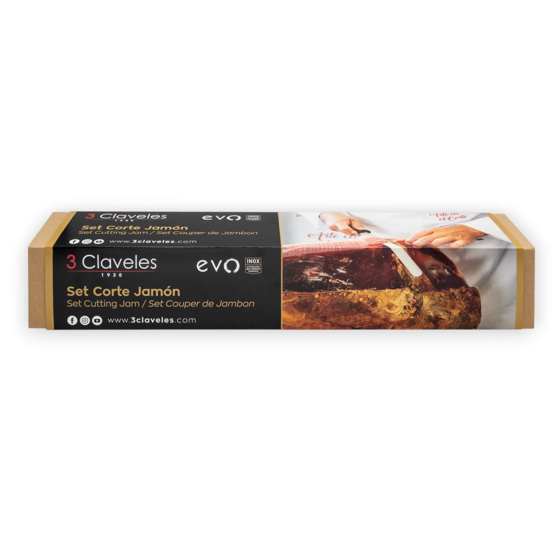 Ensemble à découper le jambon avec 3 couteaux, un fusil à aiguiser et une pince Evo 3 Claveles