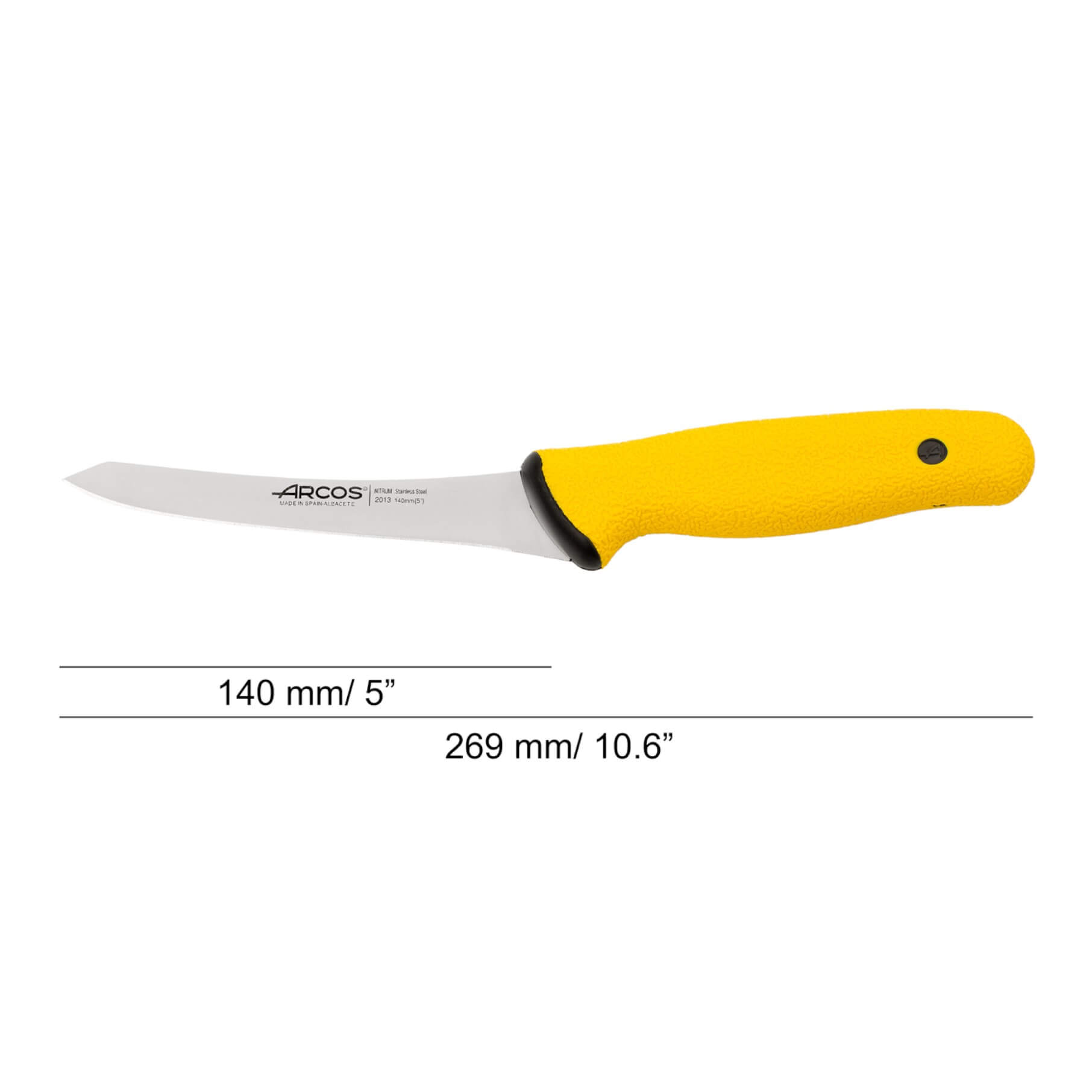 Faca de desossar Arcos Duo Pro de 140 mm, semirrígida e curva, com ponta biselada e cabo amarelo.