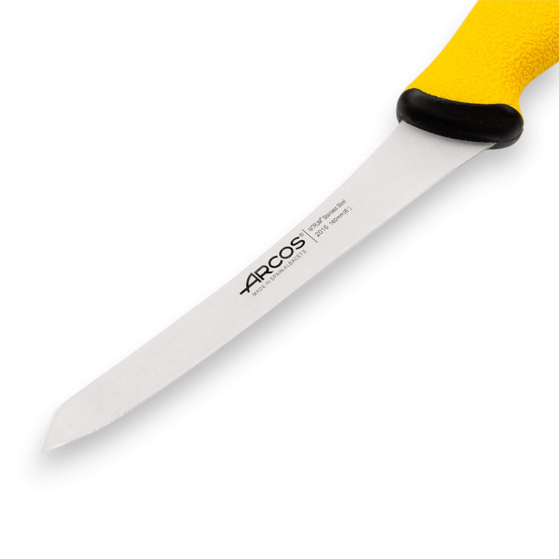 Cuchillo deshuesador curvo rígido 160 mm con punta biselada Arcos Duo Pro con mango amarillo