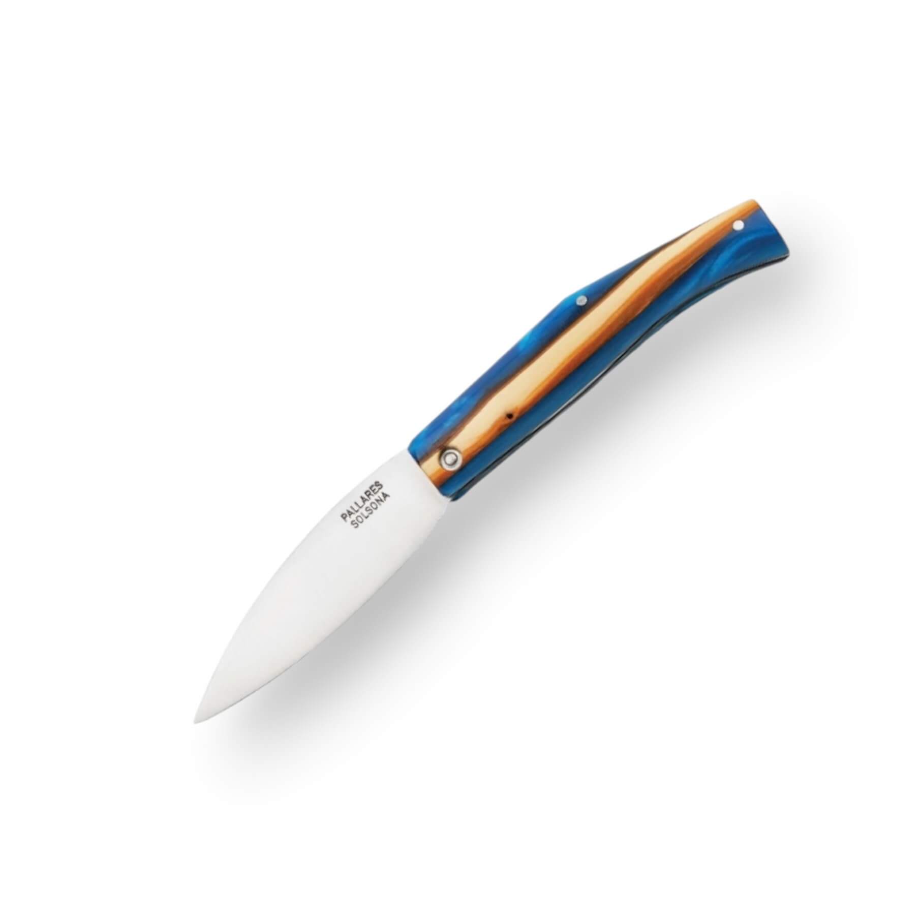 Navaja BUSA con mango de madera estabilizada blue sea y hoja de a...