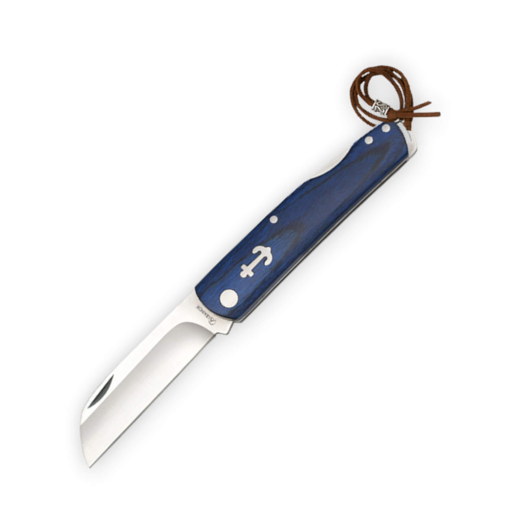 Navaja marinera con hoja de 7.5 cm mango de madera azul y cordón