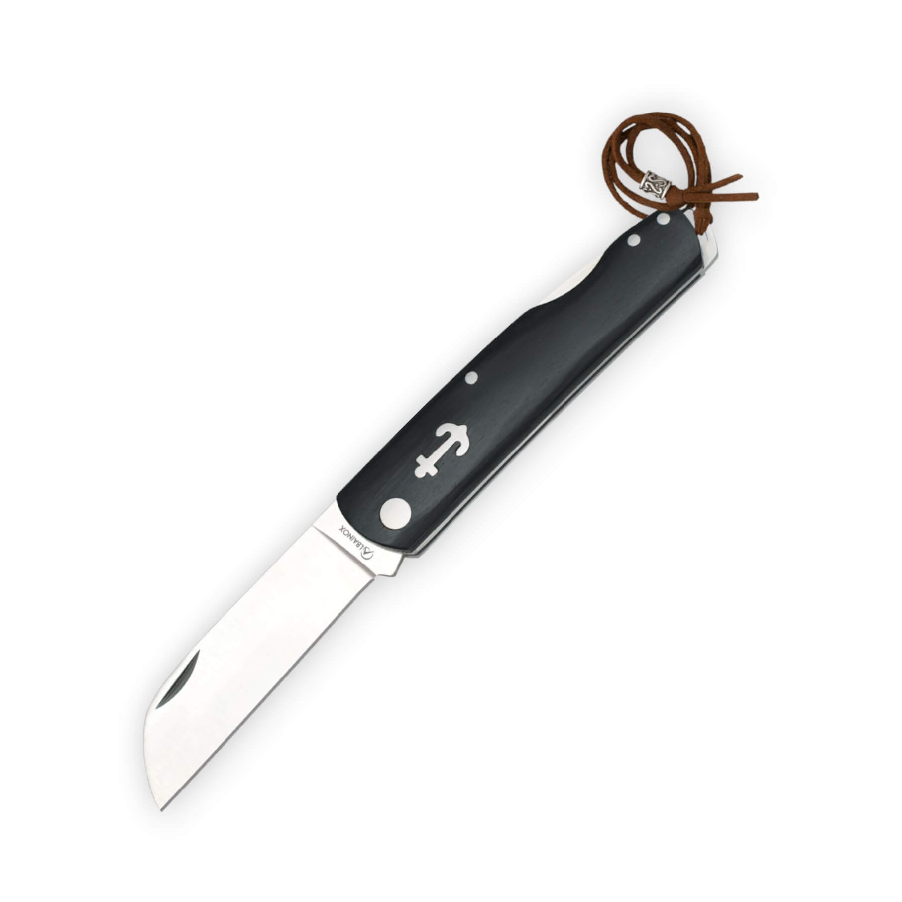 Navaja marinera con hoja de 7.5 cm mango de madera negra y cordón