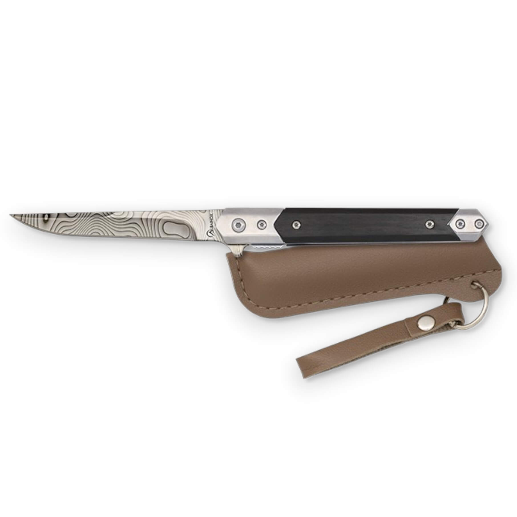 Couteau de poche avec une lame droite de 9,3 cm en acier damassé et un manche en os noir