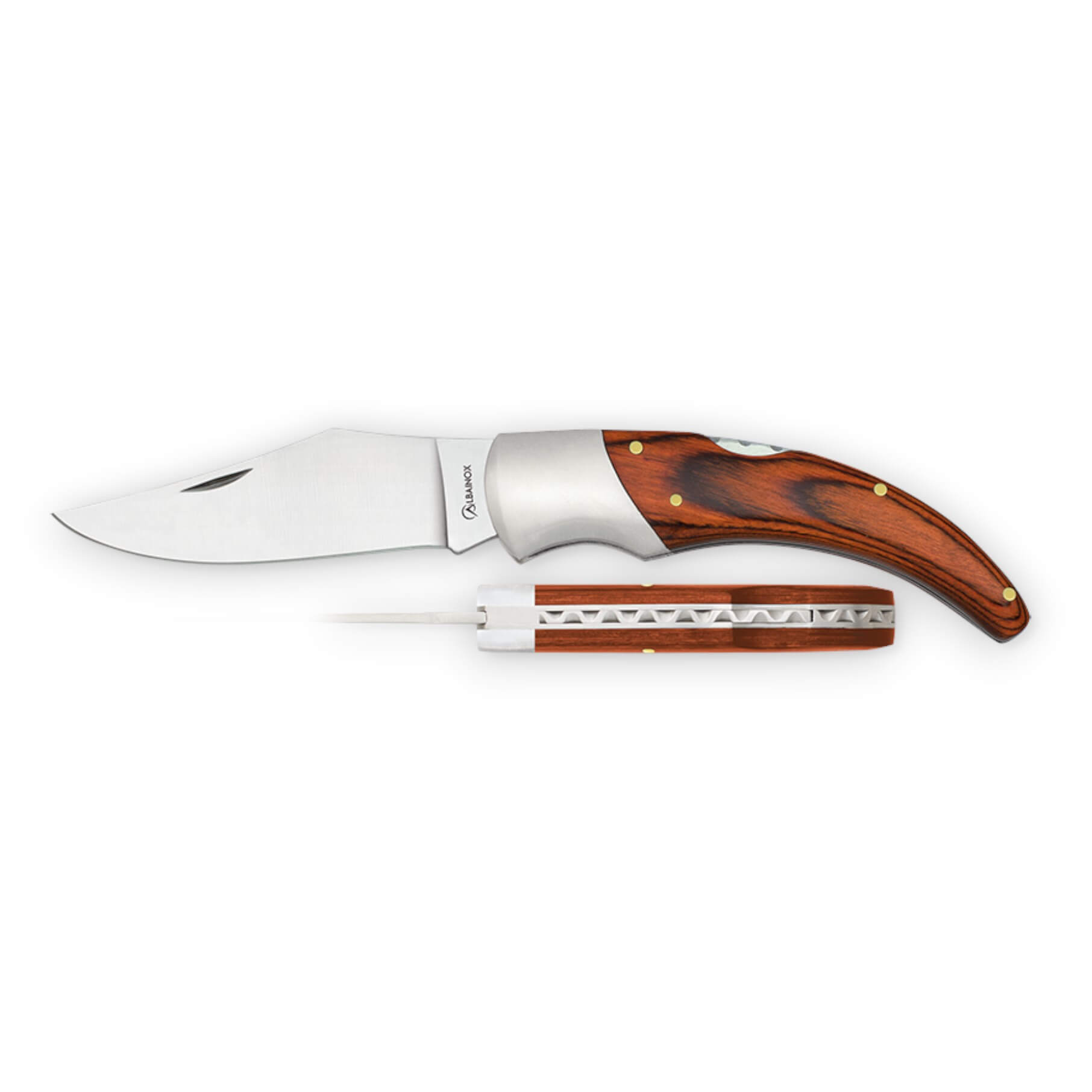 Pocket knife with an 8.1 cm blade and a red stamina wood handle with a stainless steel bolster.