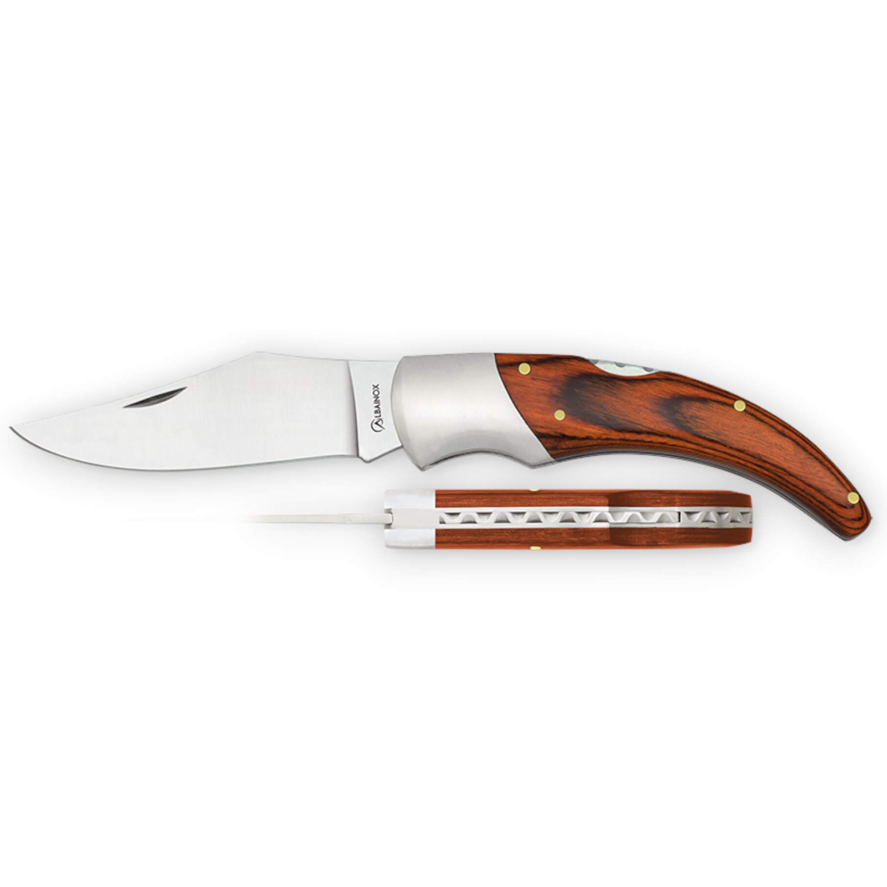 Pocket knife with an 8.8 cm blade and a red stamina wood handle with a stainless steel bolster.