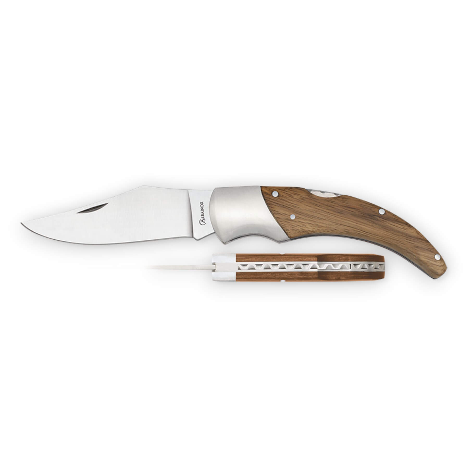 Pocket knife with an 8.1 cm blade and a zebra wood handle with a stainless steel bolster.