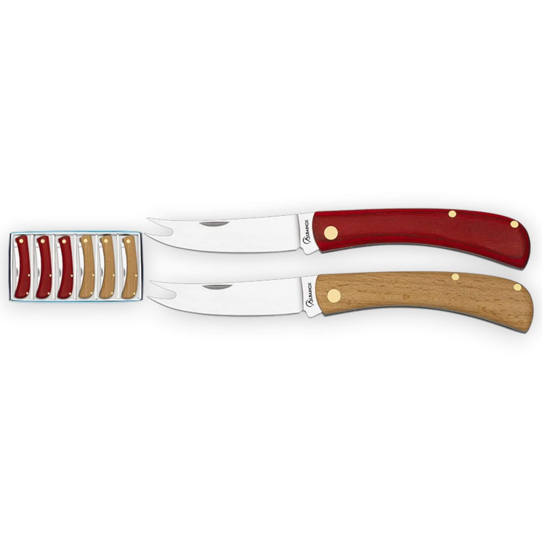 Set de 6 navajas queseras de dos colores con hoja de 7 cm