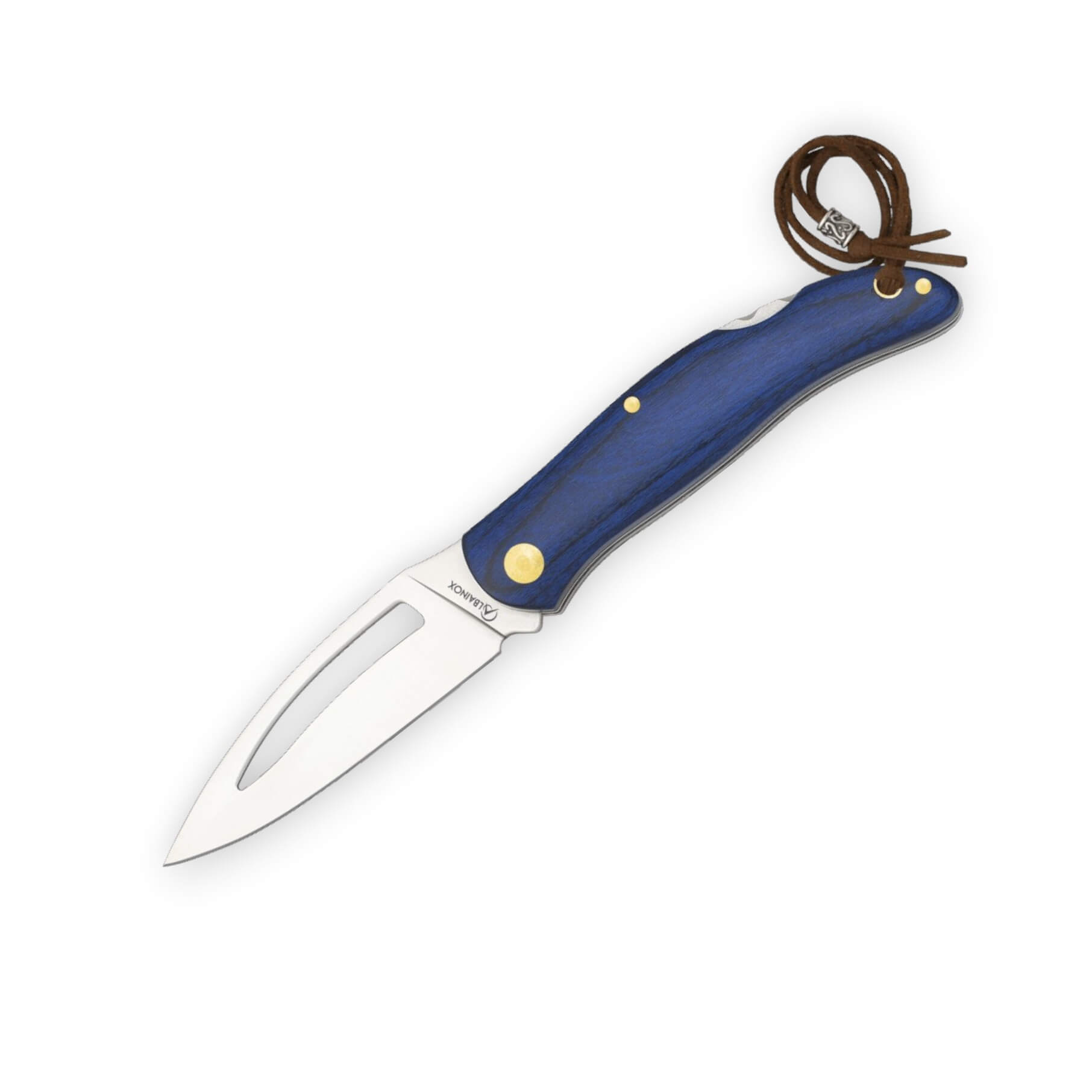 Navaja de bolsillo con mango de madera azul y hoja calada de 8 cm