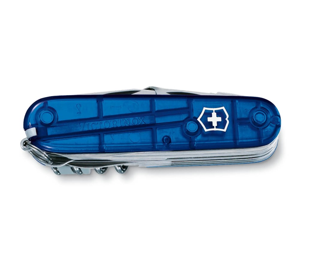 Navaja de bolsillo Victorinox Swiss Champ azul translúcida con 33 funciones