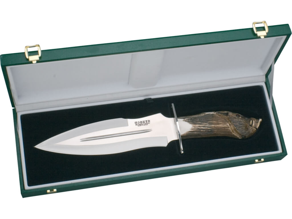 Coltello da caccia Joker Facochero in edizione da collezione con manico in corno di cervo intagliato a mano