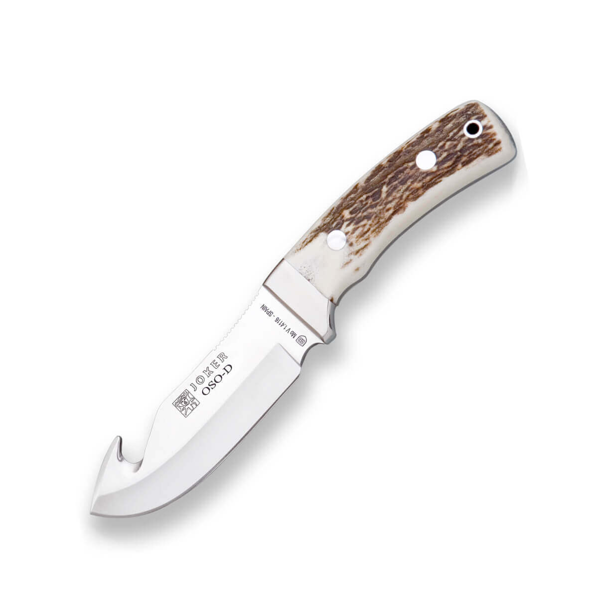 Cuchillo desollador Joker Oso con mango de asta de ciervo y virol...