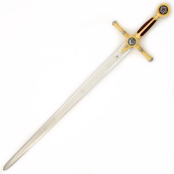 Espada Masónica con empuñadura dorada y roja con decoraciones pla...