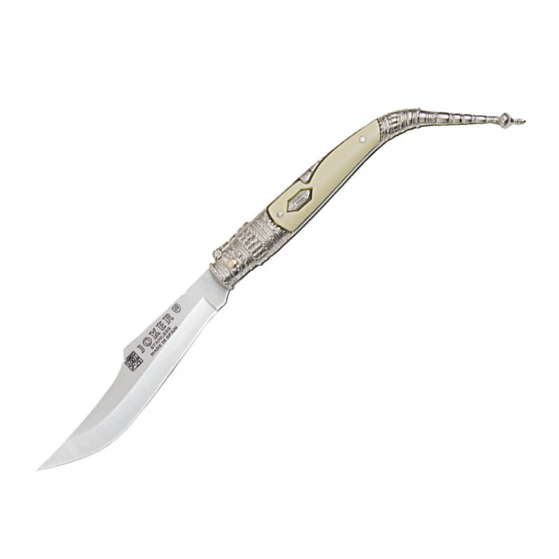 Navaja clásica bandolero con mango de zamak blanco y plateado dec...