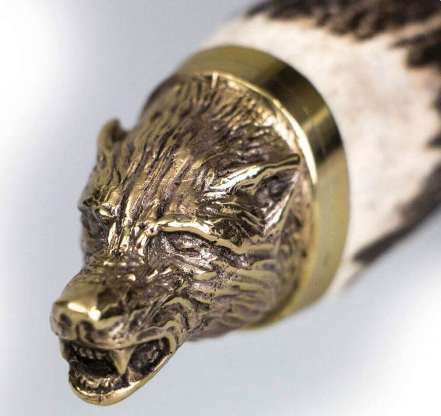 Couteau de chasse Muela Wolf-16A avec manche en bois de cerf avec tête de loup décorative