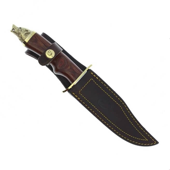 Cuchillo de caza Muela Wolf-16R con mango de madera prensada coral con cabeza de lobo decorativa